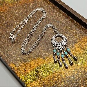 Silver Tone Dreamcatcher Necklace with Turquoise Stone Accents